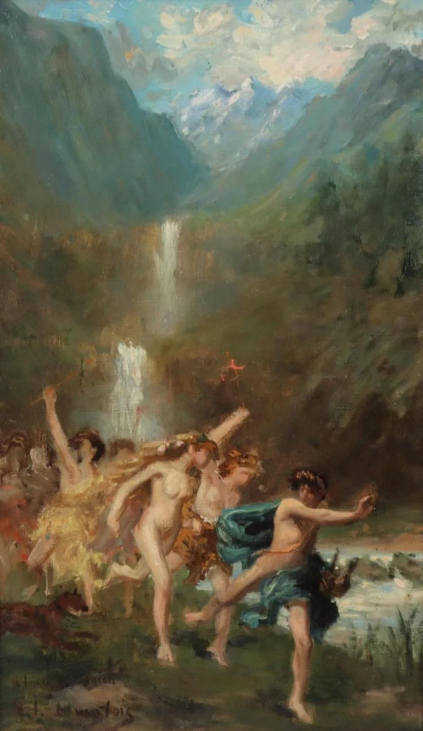 Baccanale davanti a una cascata